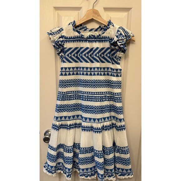SAIL to SABLE Geo Stripe Ruffle Neck Dress 100% Cotton‎ Blue White Size XS EUC - Picture 3 of 11